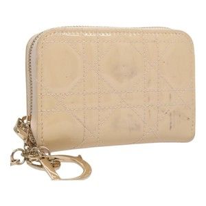 Christian Dior Canage Card Case Enamel Beige Auth ar13203